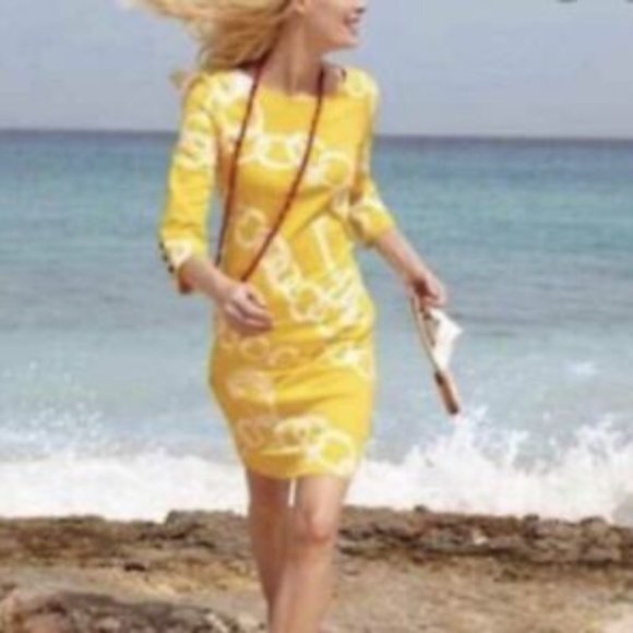 Lilly‎ Pulitzer Jonah Shift Dress Women L 3/4 Sleeve Stretch Yellow Chain Key